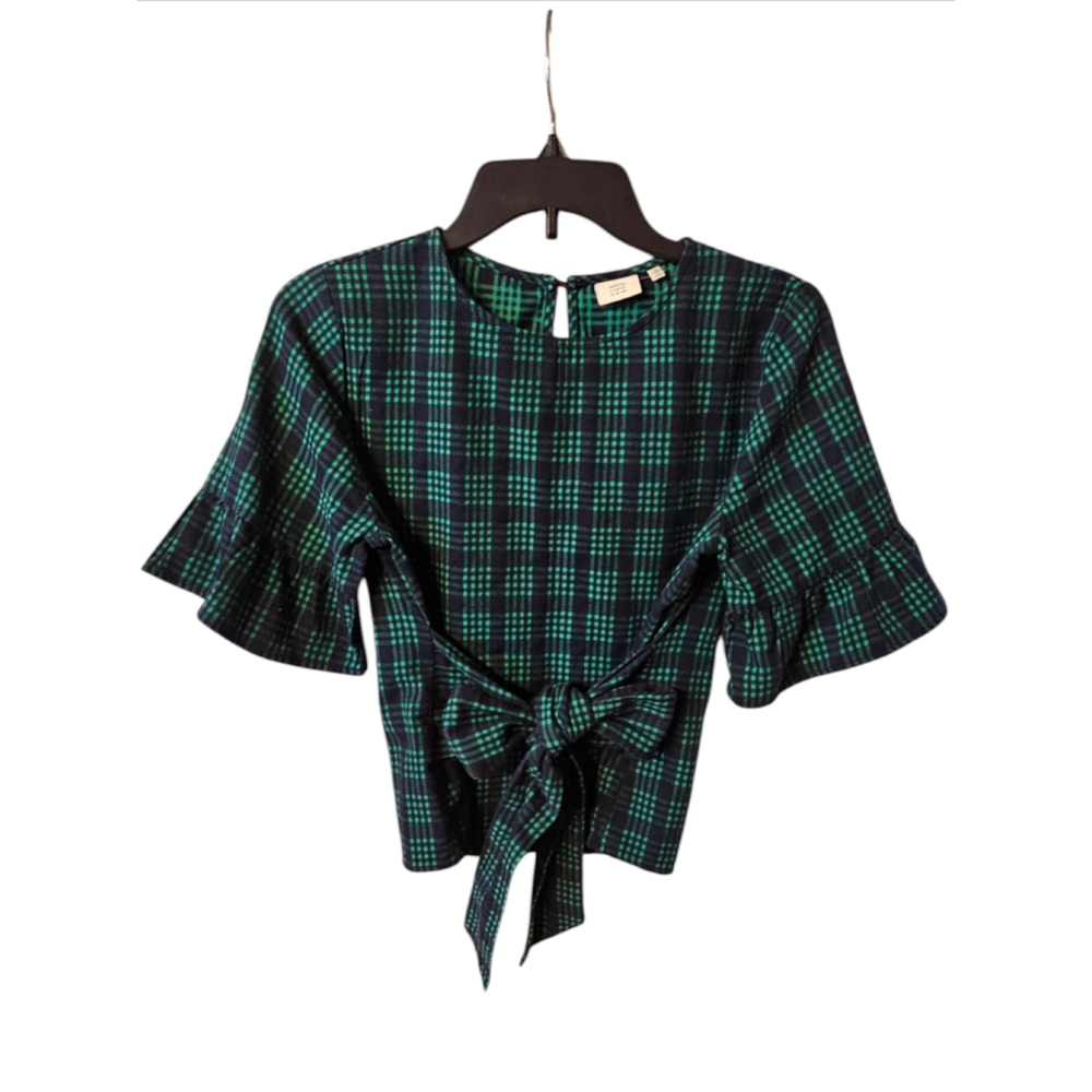 Good Luck Gem Navy & Green Black Watch Plaid Tie Front Ruffle Blouse Medium EUC